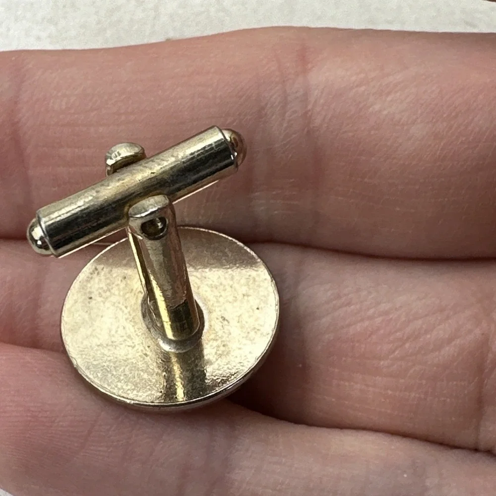 Gold Tone Round Cufflinks & Tie Clip Set Vintage Unmarked Circle Three Lines Pie